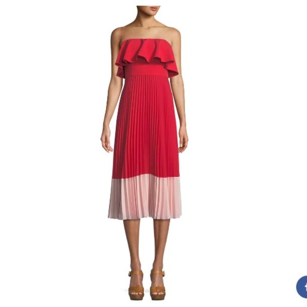 Aidan Mattox: Red and Pink Pleated Chiffon Color-blocked Cocktail Dress
